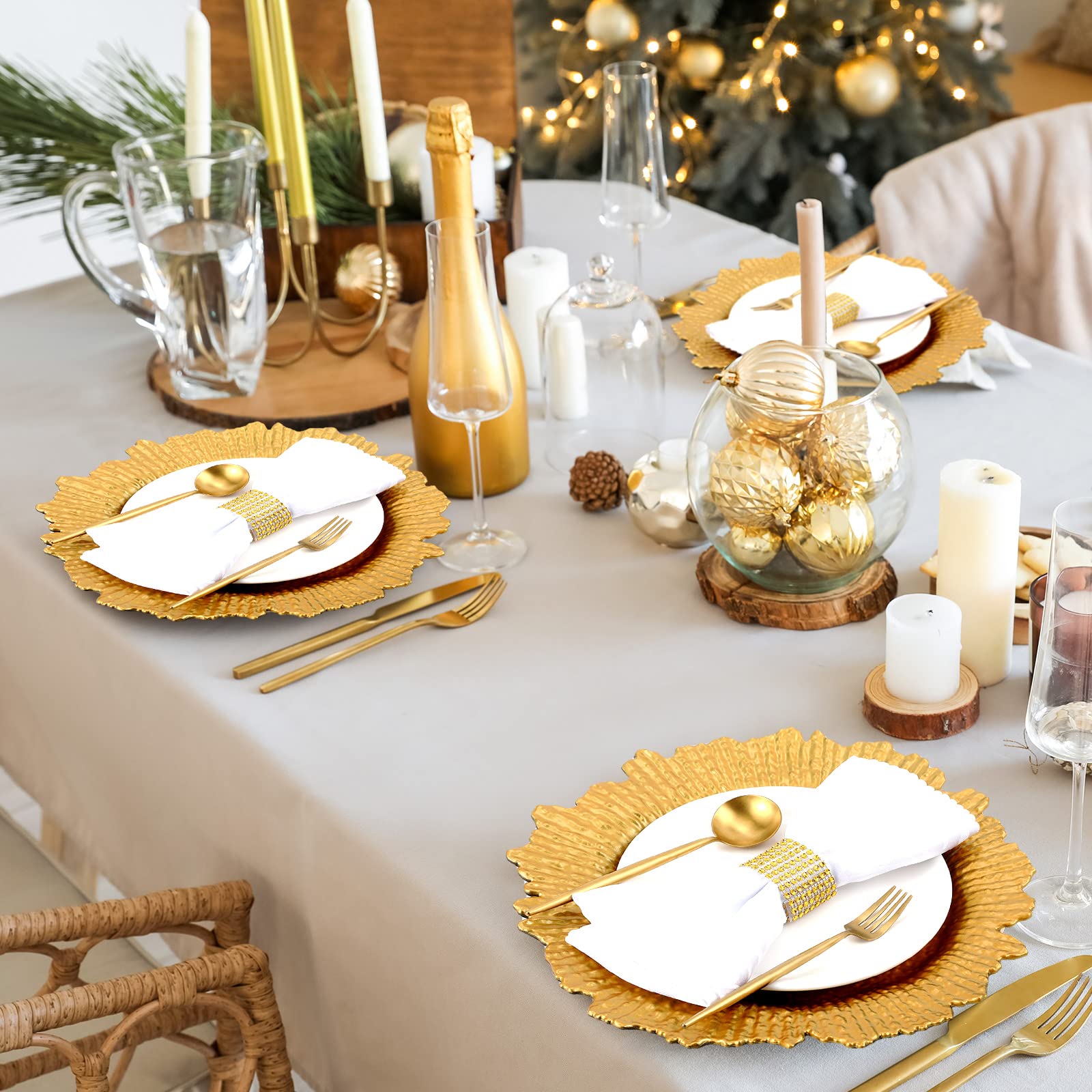 50 Pcs 13 Inch Gold Plastic Wedding Charger Plates - Floral Reef Design with Ruffled Rim - Elegant Decorative Dinner Plates for Wedding, Party & Event Table Settings - Perfect for Banquets, Bridal Showers & Formal Dining Decorations