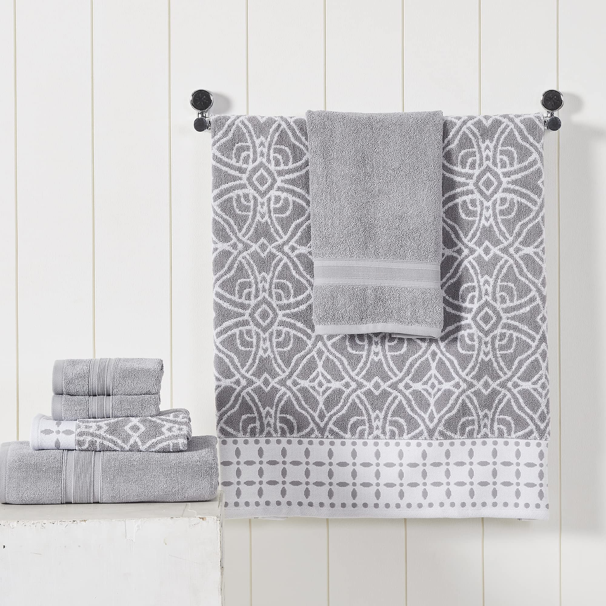 Premium 6-Piece Bath Towel Set - 2 Bath Towels, 2 Hand Towels, 2 Washcloths | Yarn-Dyed Jacquard & Solid Design | Monroe Stone Color | Soft & Absorbent Cotton Towels for Spa, Bathroom & Guest Use