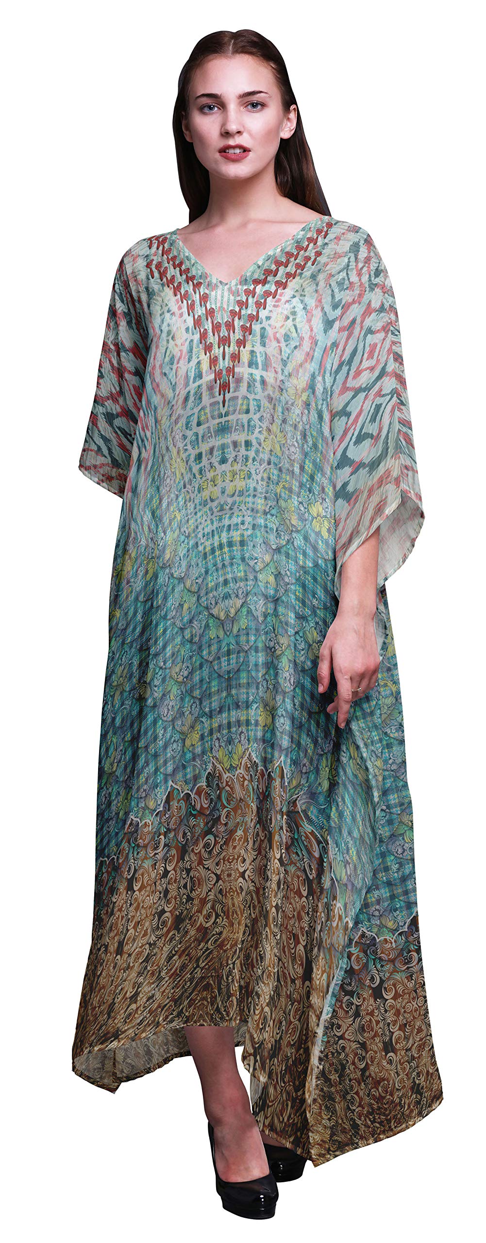 Floral & Damask Ethnic Beach Kaftan - Women's Maxi Dress Long Bikini Cover Up for Summer Vacation, Pool Party & Boho Fashion