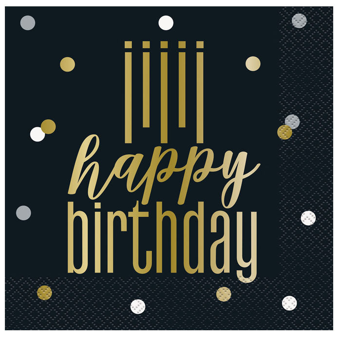 Black & Gold Happy Birthday Lunch Napkins - Elegant Disposable Napkins for Birthday Parties, Celebrations & Special Events