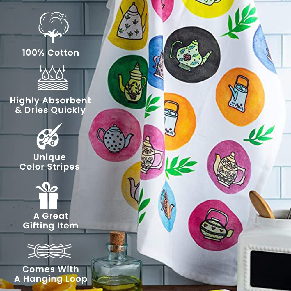 Printed Cotton Kitchen Towels Set of 3 - Super Absorbent & Soft for Dishes & Tea