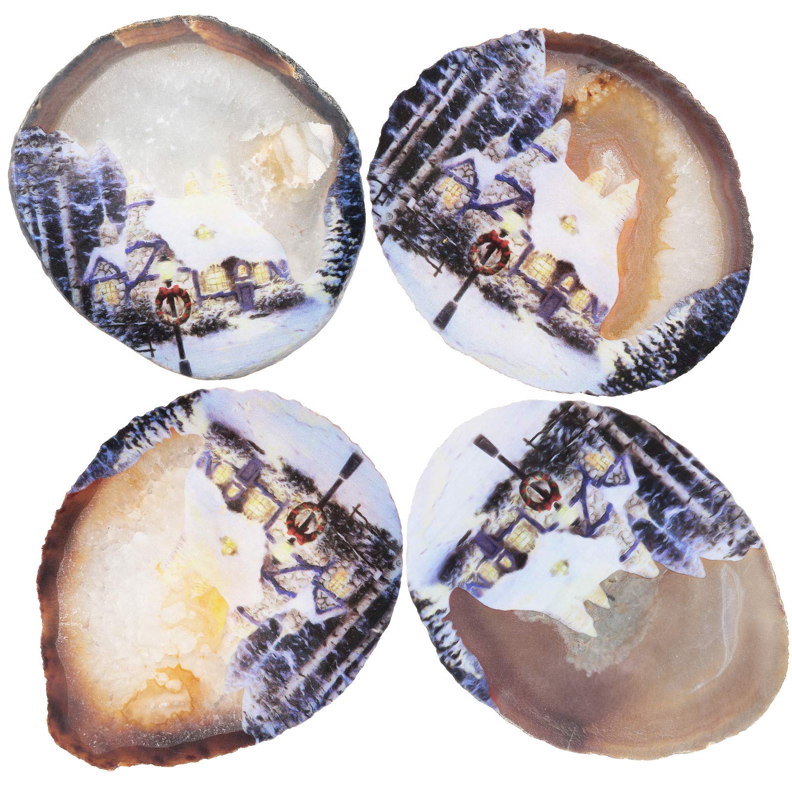Natural Agate Slice Art Print - Snowy Christmas Night Table Display with Wooden Stand | Irregular Agate Geode Stone Figurine for Office & Home Decor | Perfect Holiday Gift & Winter Home Decoration