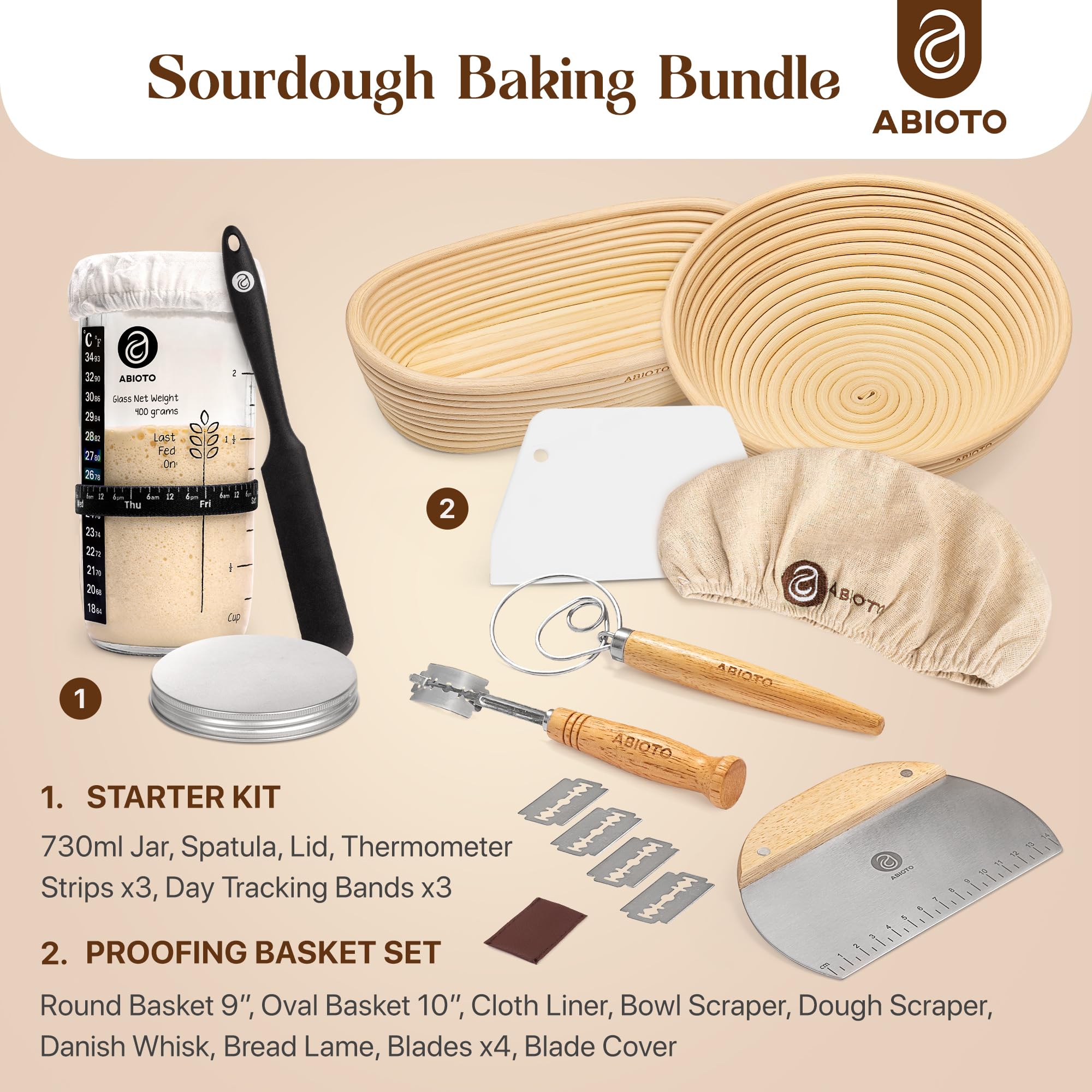 Ultimate Sourdough Bread Baking Kit - Complete Starter Kit with Proofing Baskets, Glass Jar, Bread Lame, Scrapers & Danish Whisk for Homemade Artisan Bread | Perfect for Beginners & Bakers | Ideal for Home Baking, Gifts & Culinary Enthusiasts
