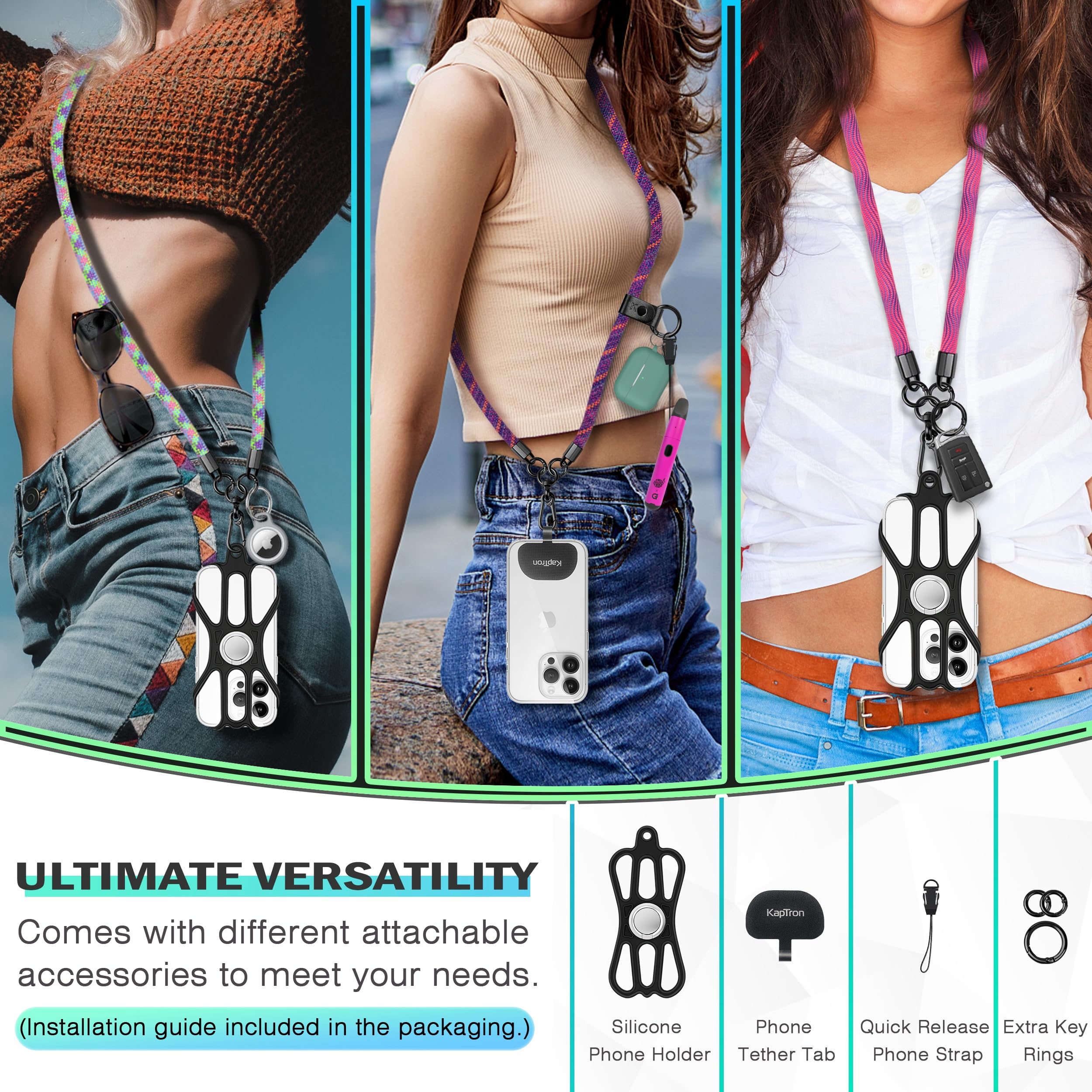 Kaptron Adjustable Crossbody Phone Lanyard with Silicone Holder - Universal Phone Strap for iPhone, Samsung & Smartphones - Perfect for Travel, Work, Concerts & Outdoor Activities
