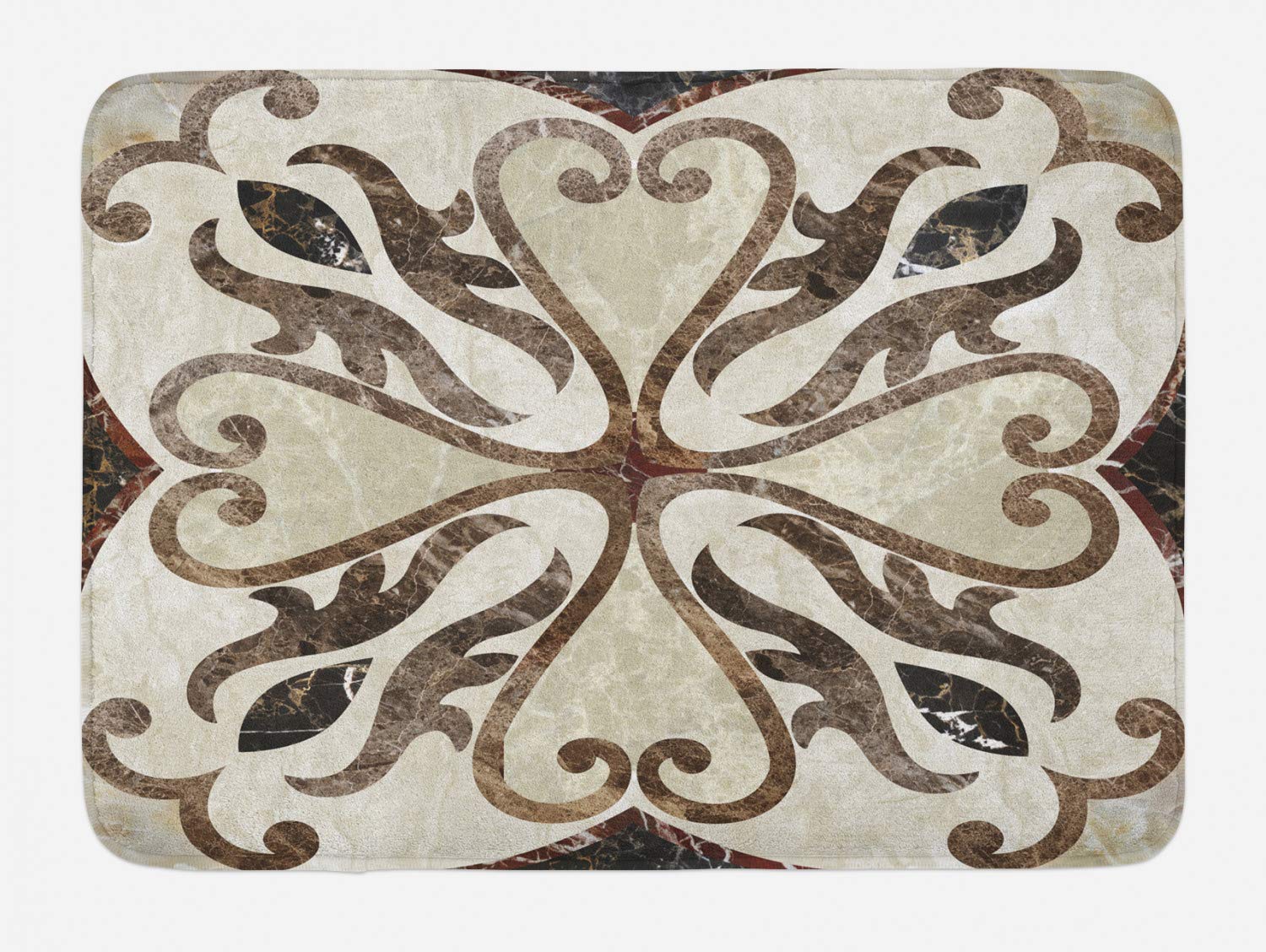 Lunarable Abstract Bath Mat with Non-Slip Backing - Nostalgic Floral Heart Swirl Design, Plush Bathroom Decor, 30.2 x 20 Inches, Beige Brown - Perfect for Modern Bathrooms, Guest Suites & Spa Retreats
