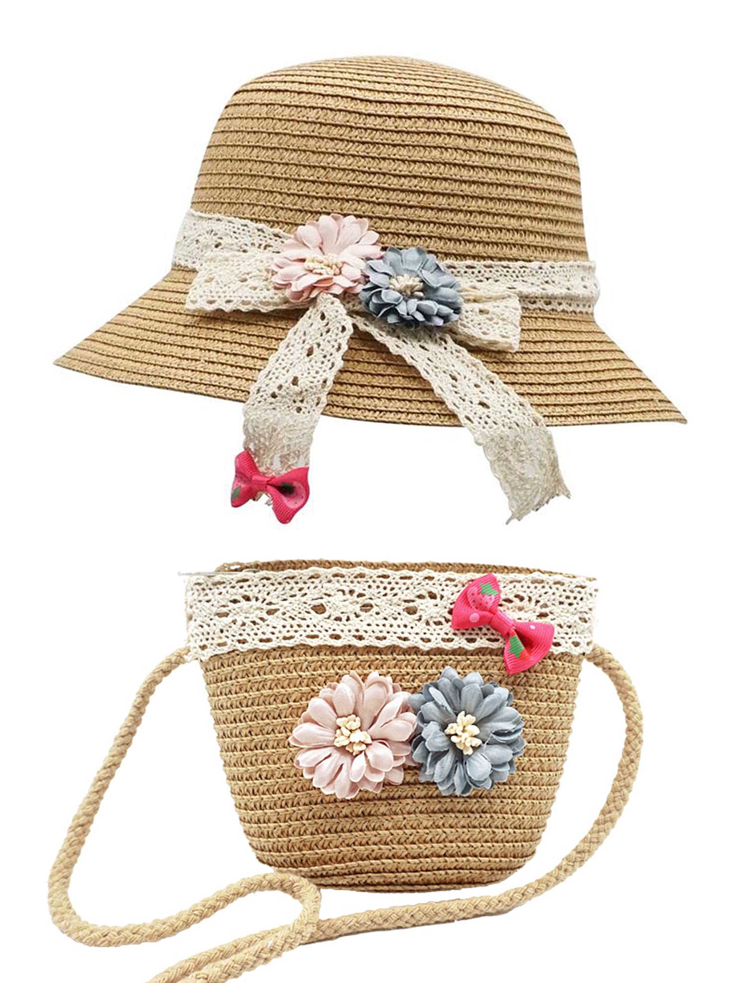 Bienvenu Kids Straw Sun Hats - Summer Beach Hats with Pocket Bag Set for Boys & Girls - Perfect for Beach Vacations, Pool Parties, and Outdoor Adventures