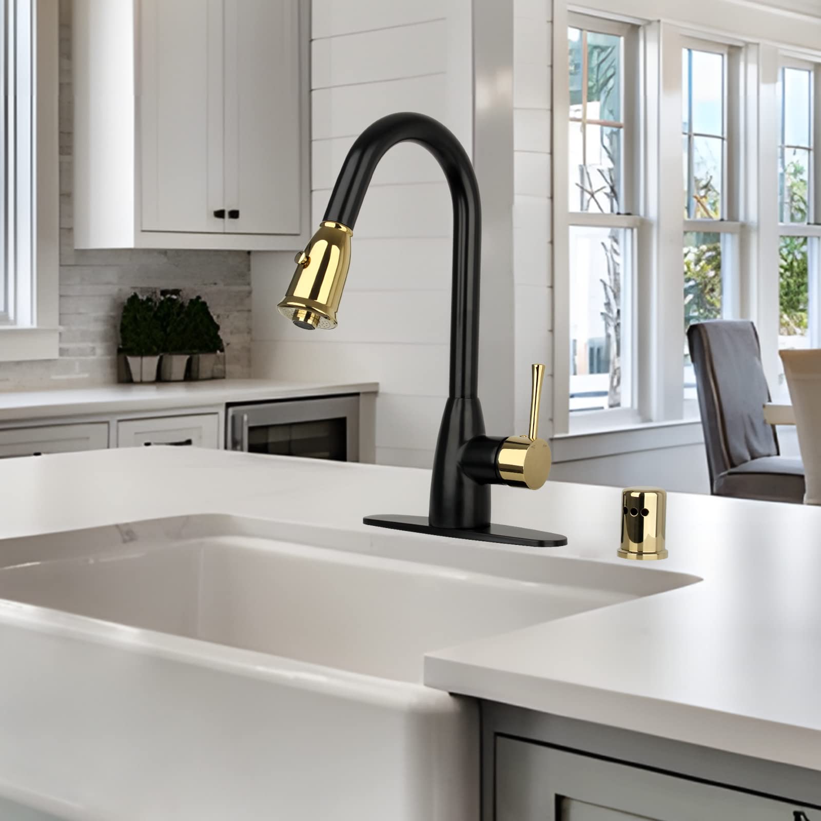 Akicon Two Tone Single Handle High Arc Pull Down Kitchen Faucet with Soap Dispenser - Solid Brass Construction with Deck Plate (Model AK96455) - Perfect for Modern Farmhouse & Commercial Kitchen Sinks