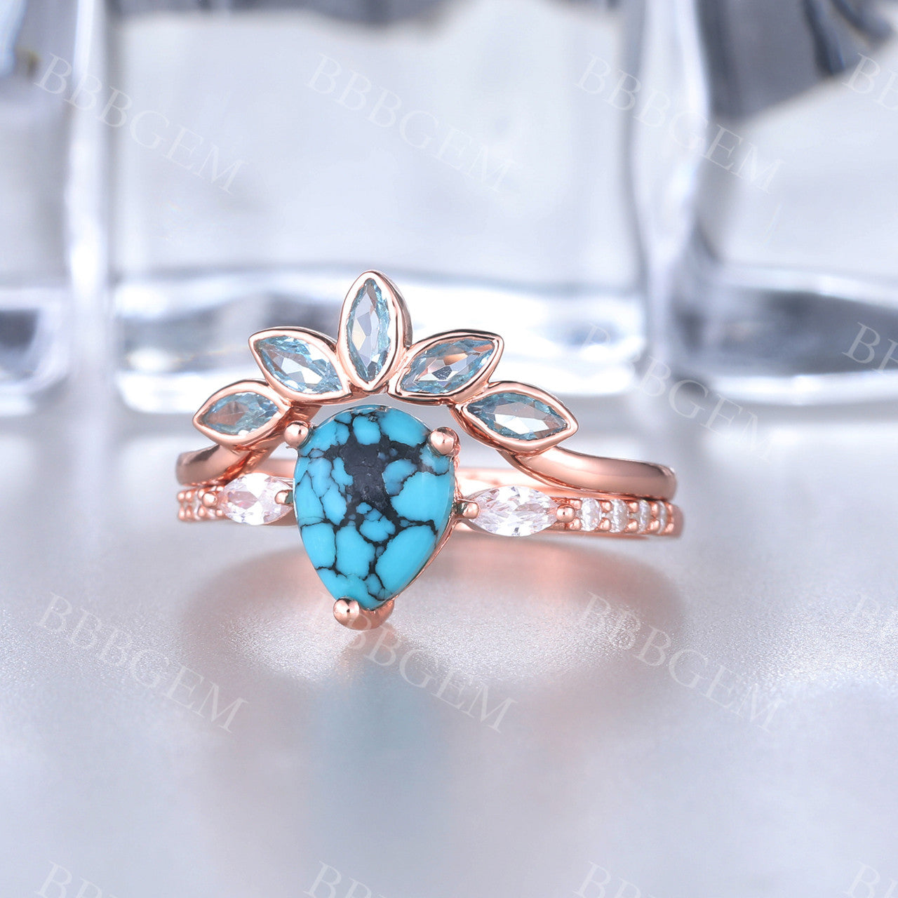 Turquoise Engagement Ring & Rose Gold Wedding Ring Set with Diamonds – Perfect for Bridal Jewelry, Proposals, and Anniversary Gifts
