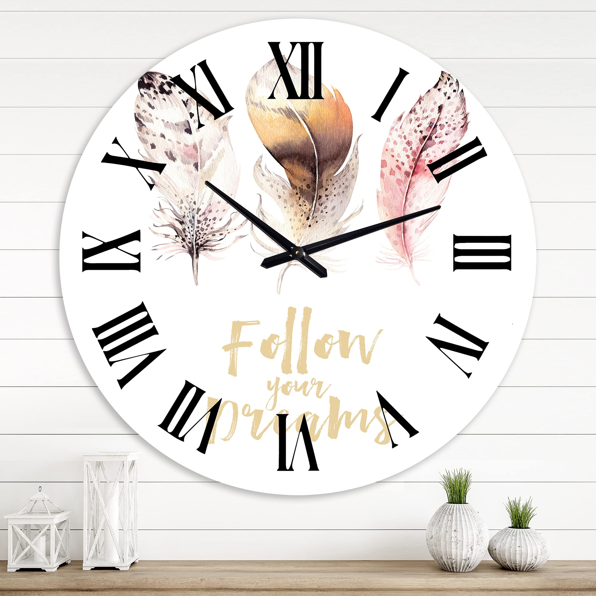 Bohemian Eclectic Wall Clock with Multicolored Boho Feathers - 'Follow Your Dreams' Large Animal Wall Art for Living Room, Bedroom & Office Decor - Perfect for Boho, Vintage & Eclectic Home Styling