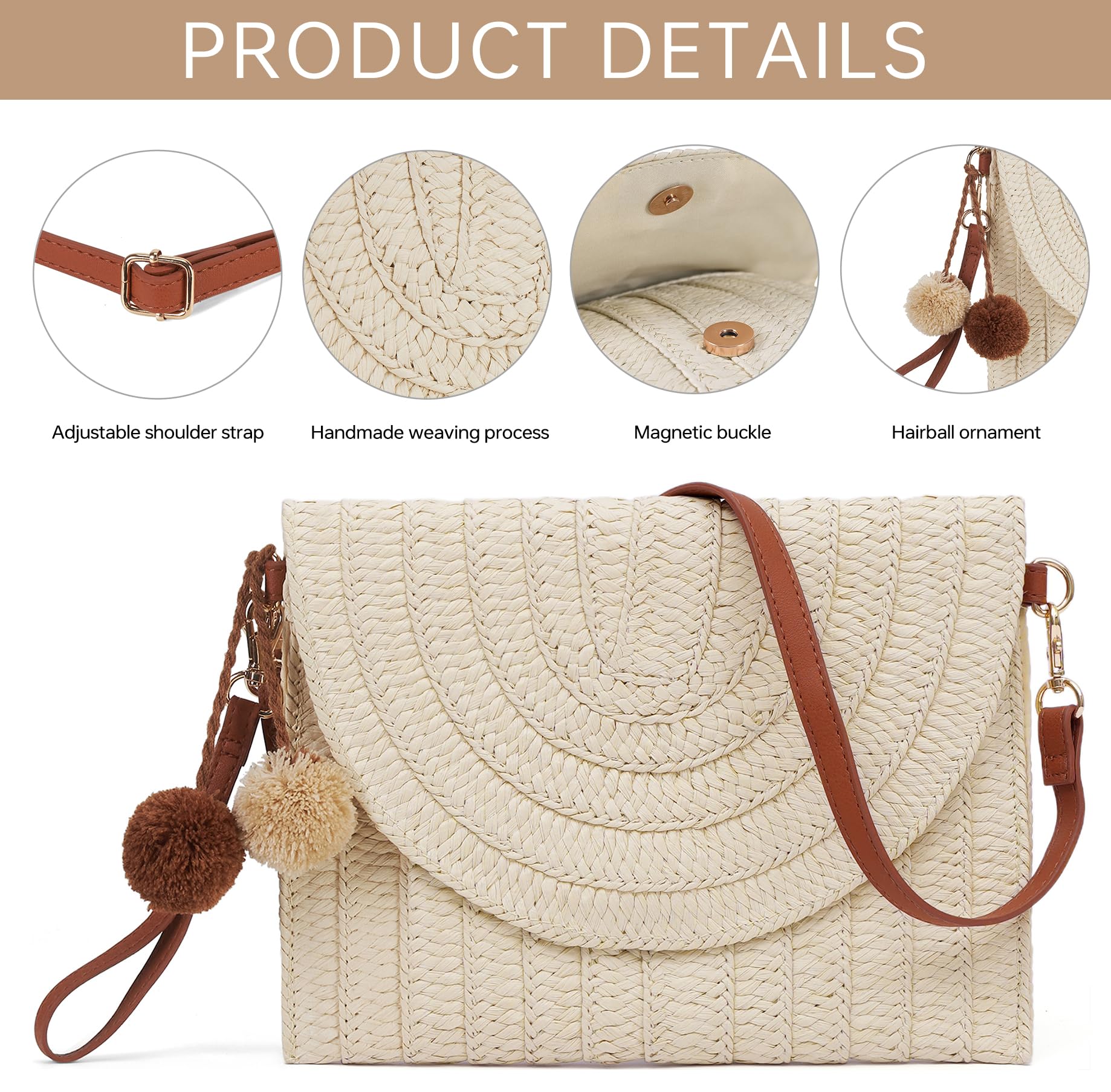 Women's Lightweight Straw Crossbody Beach Bag - Cute Summer Clutch Purse for Vacation, Travel & Outdoor Activities