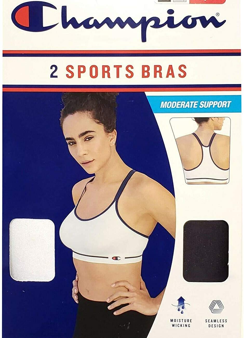 Champion Women's Seamless Racerback Sports Bras - 2 Pack Medium, White/Black - Breathable Workout Tops for Yoga, Running & Gym
