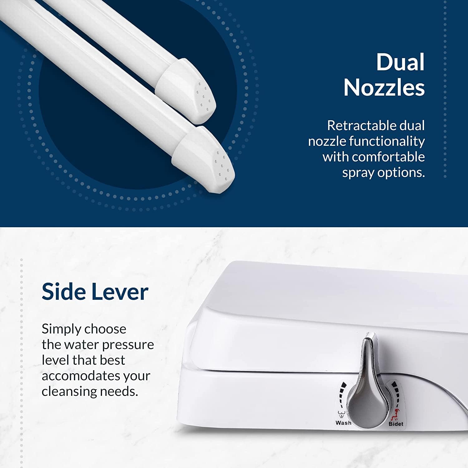 Bio Bidet Slim Zero Non-Electric Bidet Seat for Elongated Toilets - Dual Nozzle, Built-in Nightlight, Brass Inlet & T-Valve - Easy DIY Installation with Chrome Plated Side Lever | Perfect for Bathroom Upgrades, Hygienic Cleaning & Water Conservation