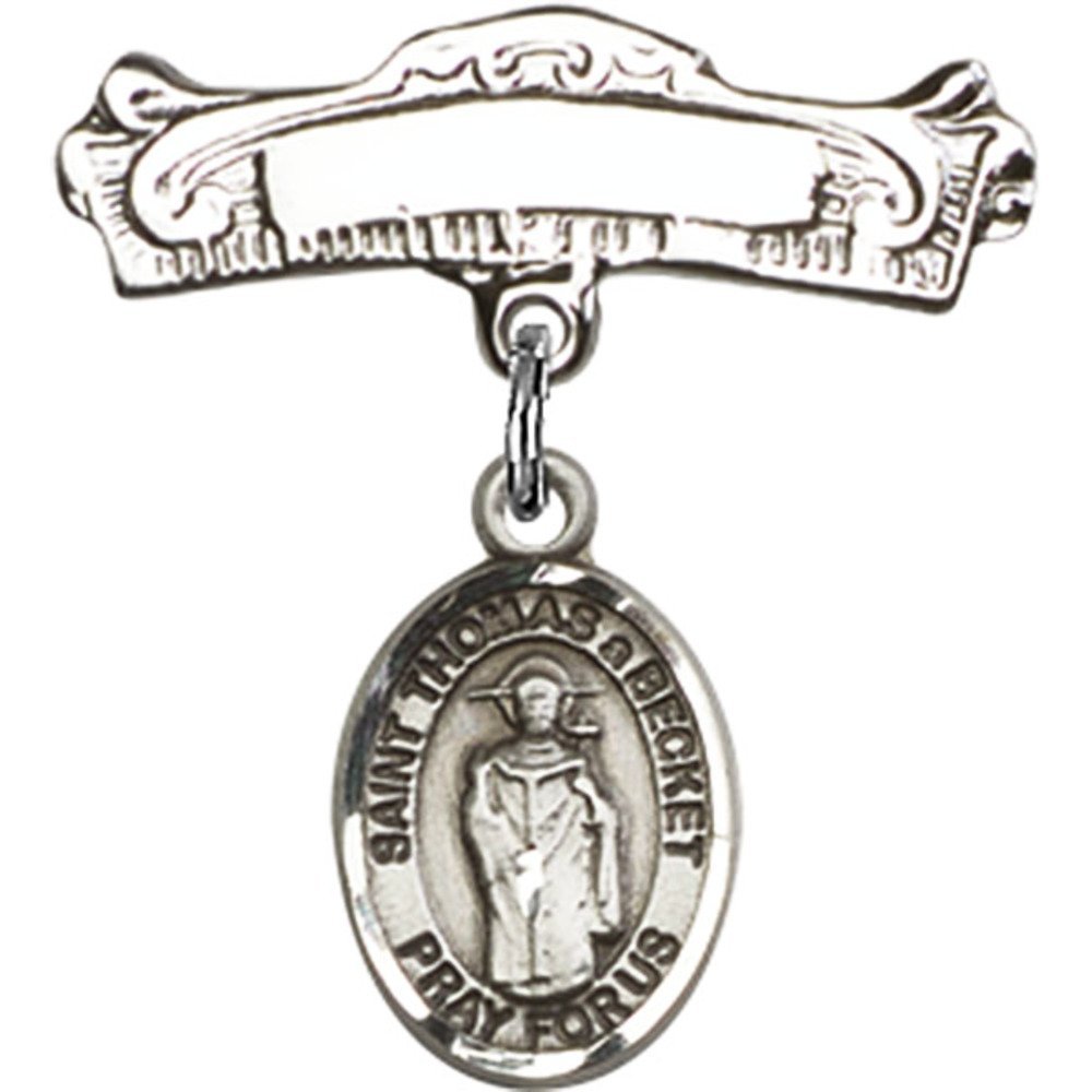 Sterling Silver Baby Badge with St. Thomas A Becket Charm - 7/8 X 7/8 Inch Arched Polished Pin - Perfect for Christening, Baptism & First Communion Gifts
