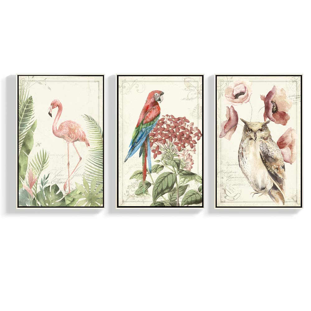 Floating Framed Canvas Wall Art - Vintage Bird & Flower Prints for Living Room, Bedroom Decor - 3 Panel Set 24x36 Inches - Ready to Hang Home Decoration - Perfect for Housewarming Gifts & Wall Decor