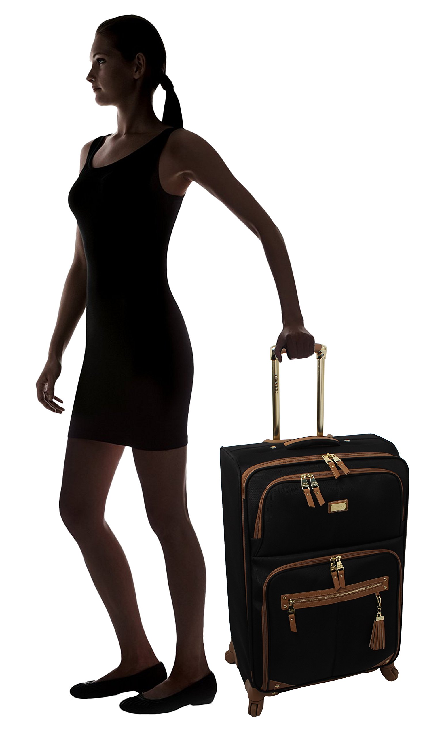 Steve Madden Designer 28 Inch Expandable Softside Suitcase - Lightweight Checked Luggage with Spinner Wheels, Harlo Black - Perfect for International Travel & Business Trips