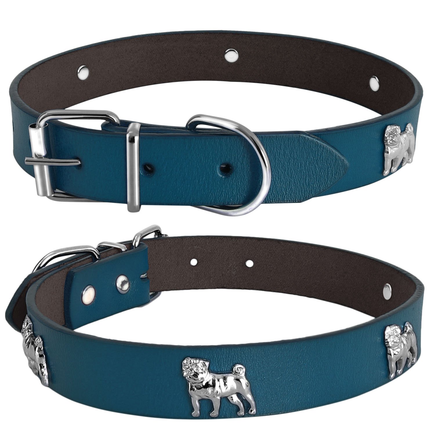 Genuine Leather Studded Dog Collar - Soft & Comfortable Pet Collar for Medium, Large & XL Dogs - Adjustable & Durable for Walking, Training & Outdoor Adventures (Blue, Size M)