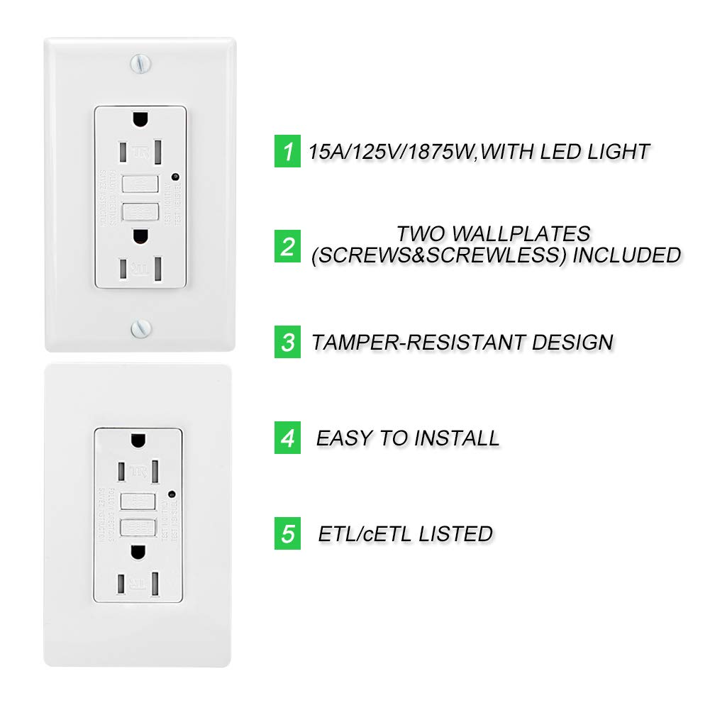 15A 125V TR/Tamper-Resistant GFCI Outlet with Green LED Indicator - 2 Wall Plates (Standard & Screwless) - ETL Listed - White (5 Pack) - Ideal for Home, Office & Commercial Electrical Safety
