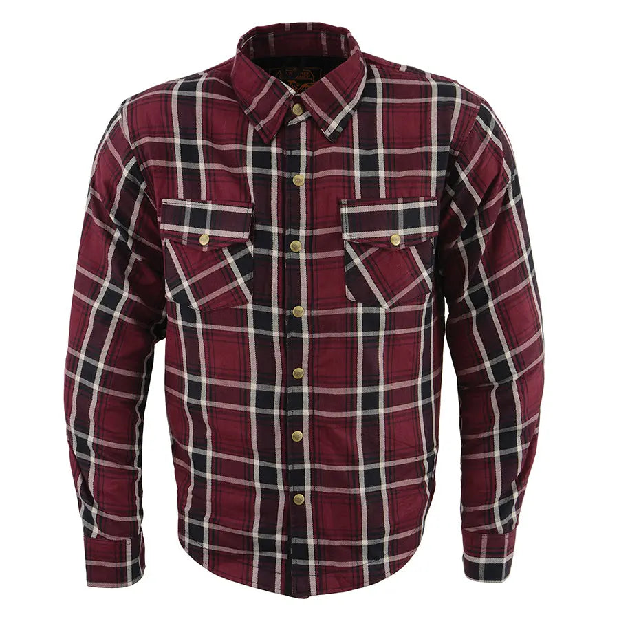 Milwaukee Leather Men's Maroon Checkered Armored Flannel Biker Shirt with Reinforced Fibers - Durable Motorcycle Riding Shirt for Harley Davidson & Cruiser Bikes