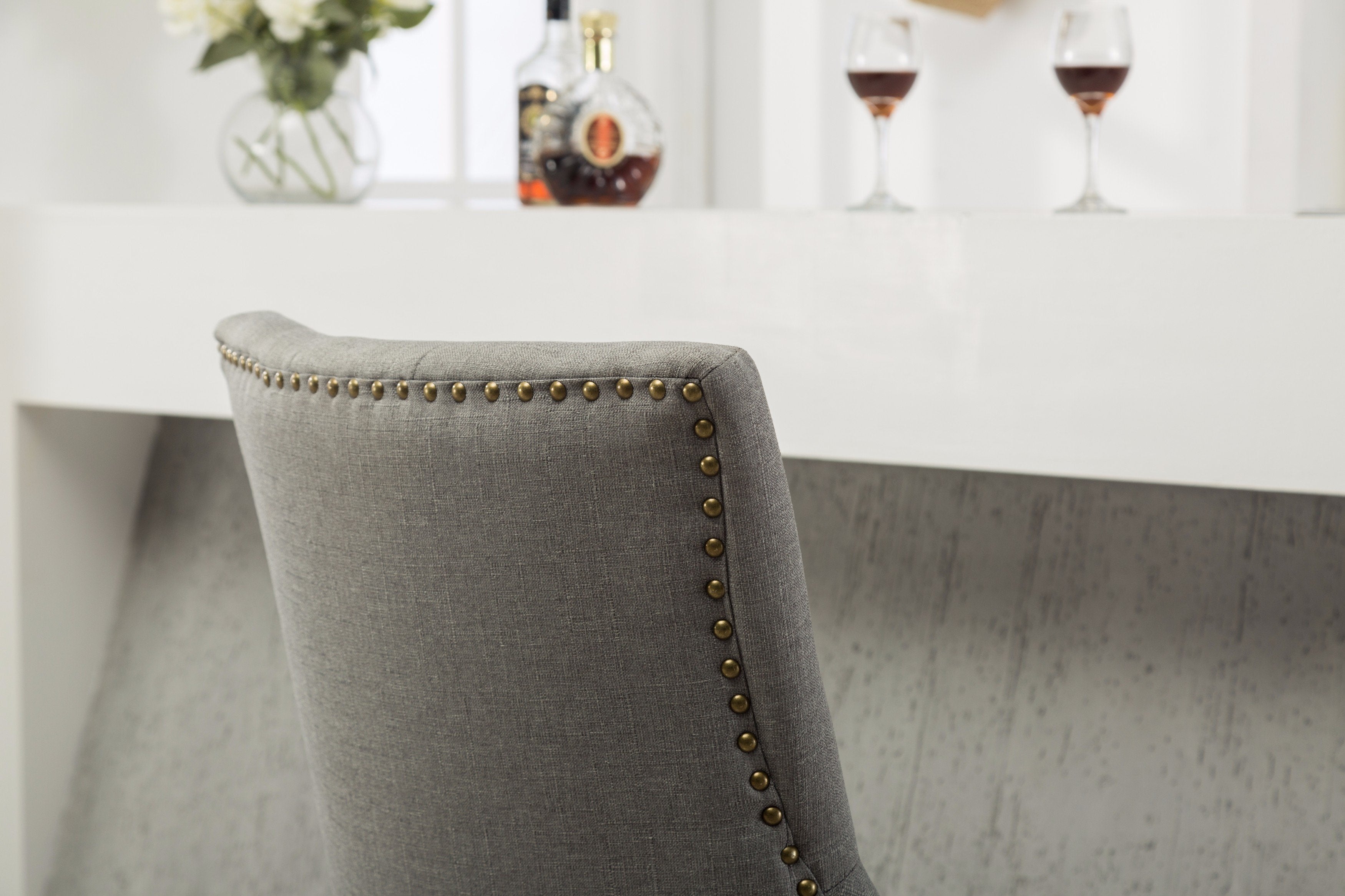 Roundhill Furniture Solid Wood Wingback Hostess Chairs with Button Tufted Upholstery & Nailhead Trim - Set of 2, Grey - Perfect for Dining Room, Living Room or Home Office Decor