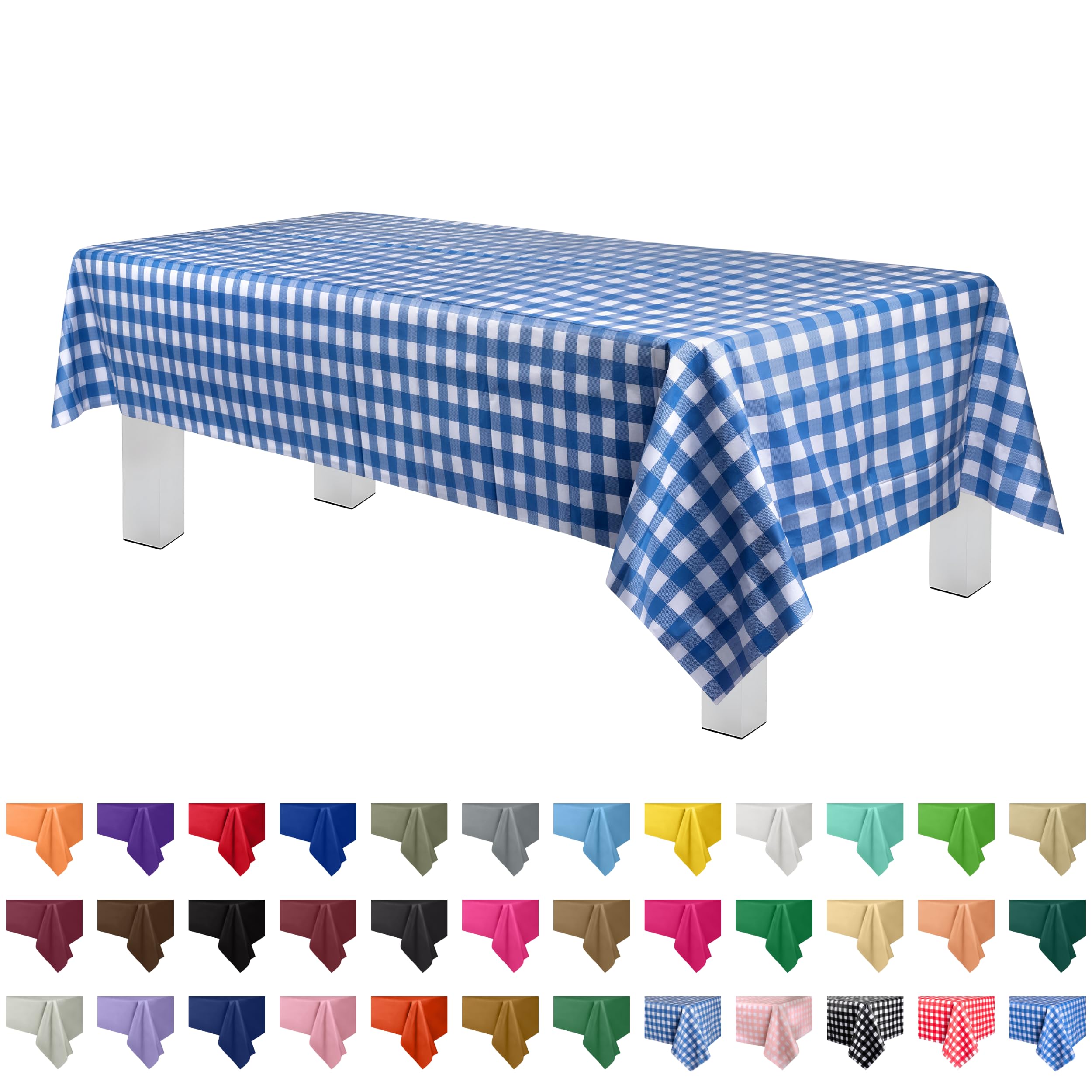 Blue Gingham Plastic Tablecloth (6 Pack) - Disposable Party Table Cover for 6-8ft Tables