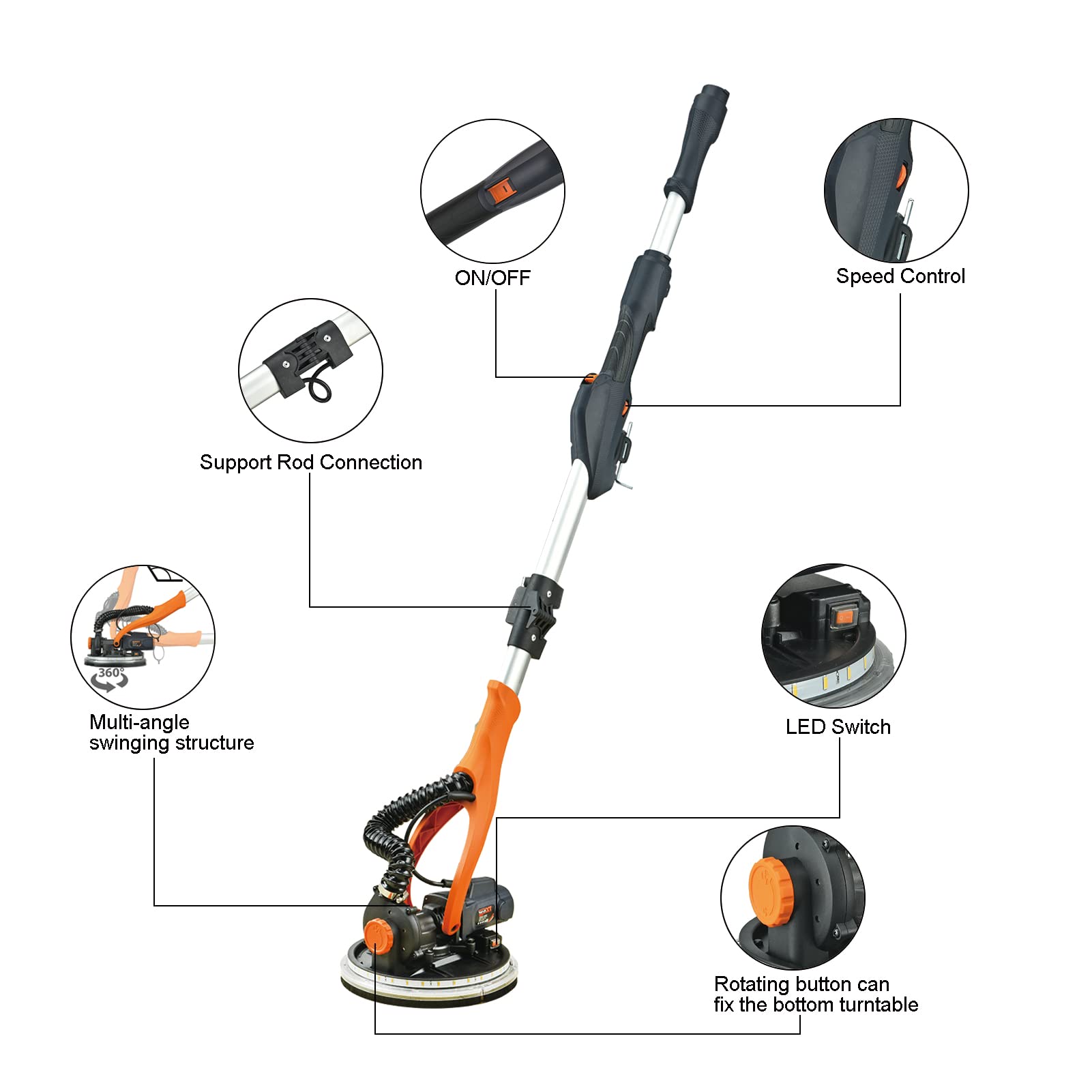 MAXXT Electric Drywall Sander with Vacuum Dust Collection - 6-Speed Adjustable (600-1900RPM) Wall Sander for Popcorn Ceiling Removal, Includes LED Light & 18 Sanding Discs - Perfect for Home Renovation, Drywall Repair and DIY Projects