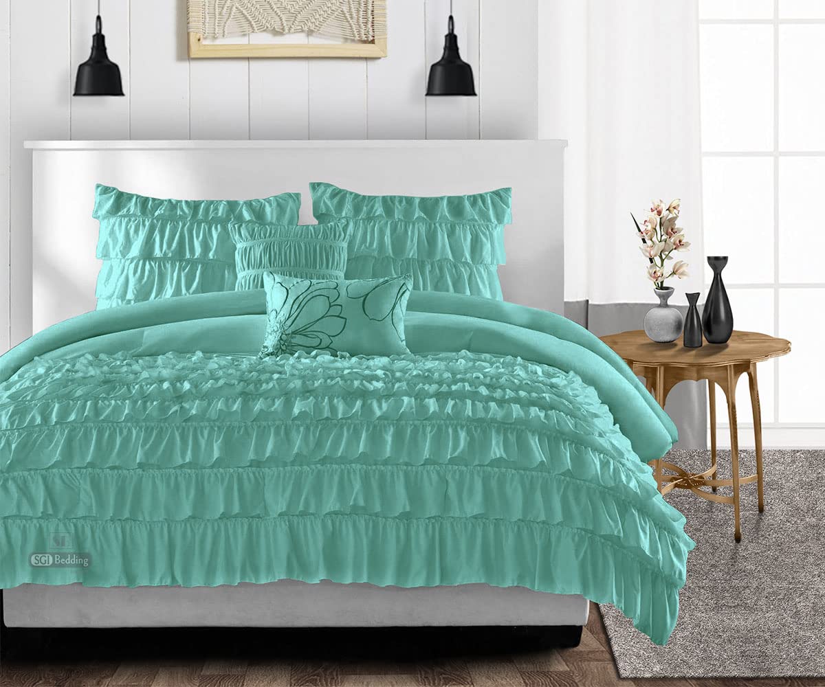 Premium Twin XL Comforter Set - 300 GSM Plush Siliconized Microfiber Fill with 1000 Thread Count Egyptian Cotton Shell | Aqua Green Multi-Ruffle Design | Includes Matching Pillowcases | Ultra Soft & Fluffy for Luxurious Bedroom Comfort | Perfect for Guest Rooms, Dormitories & Cozy Winter Nights
