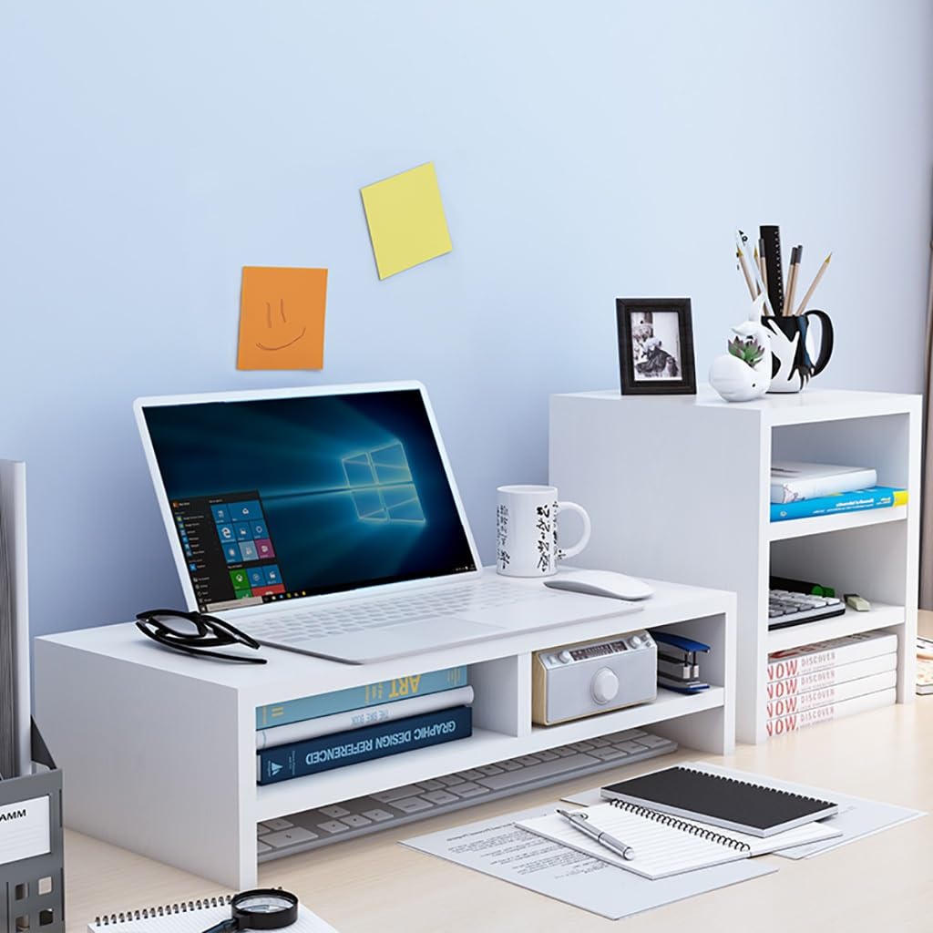 Tyewomiy 3-Tier Monitor Stand for Computer & Laptop - White Desktop Organizer with Storage Shelves (75.7x25x27.6cm) - Perfect for Home Office, Gaming Setup & Workspace Organization