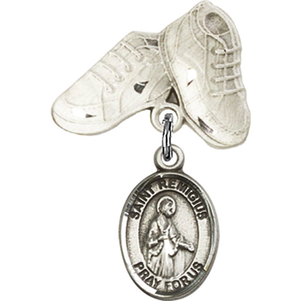 Sterling Silver Baby Badge with St. Remigius of Reims Charm & Baby Boots Pin - 1 x 5/8 Inch - Perfect for Christening, Baptism Gifts & Baby Keepsakes