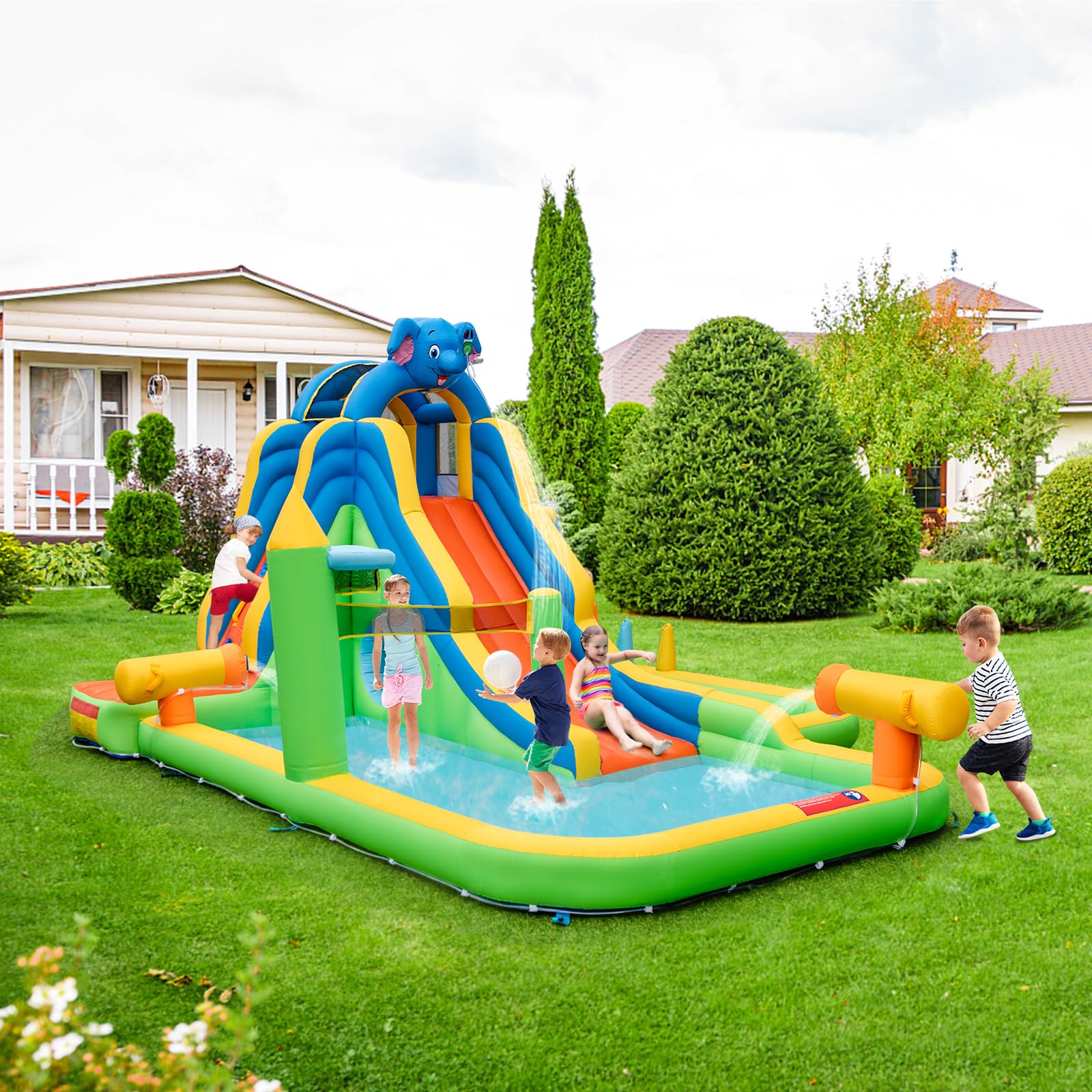 BOUNTECH 12.5x15.5FT Inflatable Water Slide Park with Splash Pool - Kids Outdoor Water Slide with Tic Tac Toe, Hide & Seek Cave - Blow Up Water Slides for Backyard Parties, Summer Fun & Birthday Gifts - Perfect for Kids Outdoor Play, Family Gatherings & Summer Water Activities