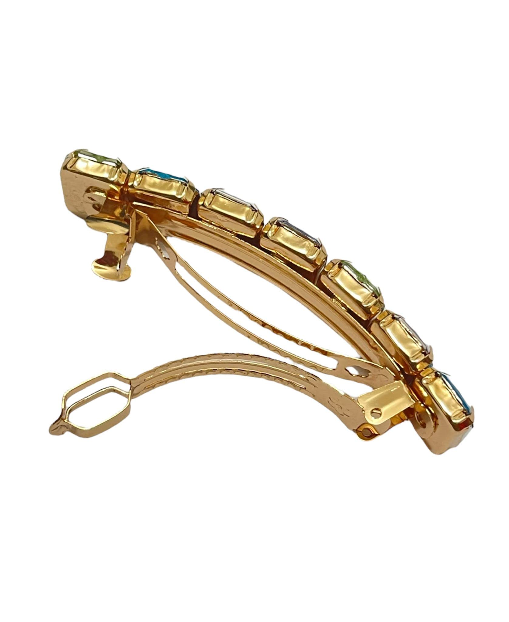 Large Multicolor Stone Rectangular Barrette Hair Clips - Smooth Elegant Gold Hair Pins for Women & Girls - Hair Slides & Accessories (8.5 Inch) - Perfect for Weddings, Parties & Everyday Styling
