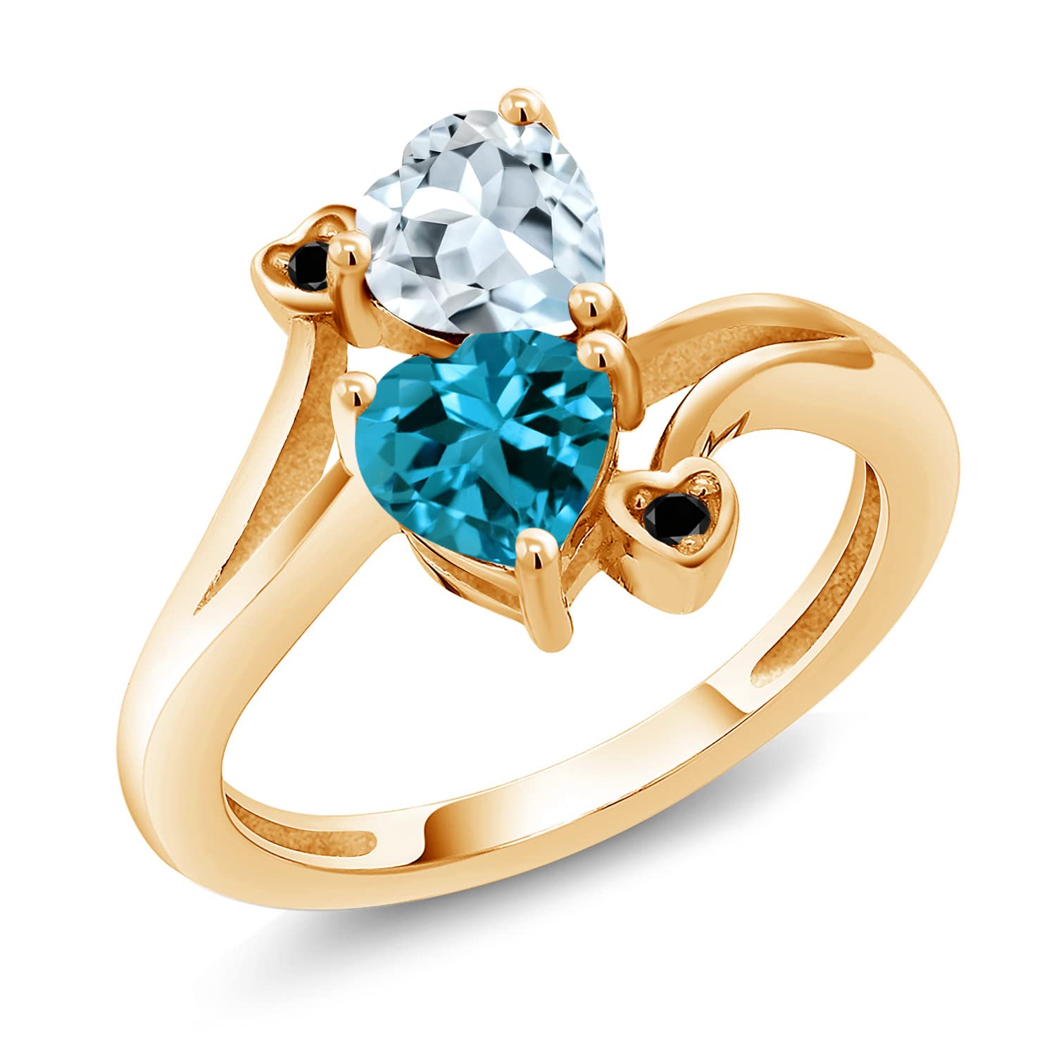 1.71 Ct Sky Blue Aquamarine & London Blue Topaz Ring - 18K Yellow Gold Plated Sterling Silver with Black Diamonds | Elegant Jewelry for Weddings, Anniversaries & Special Occasions
