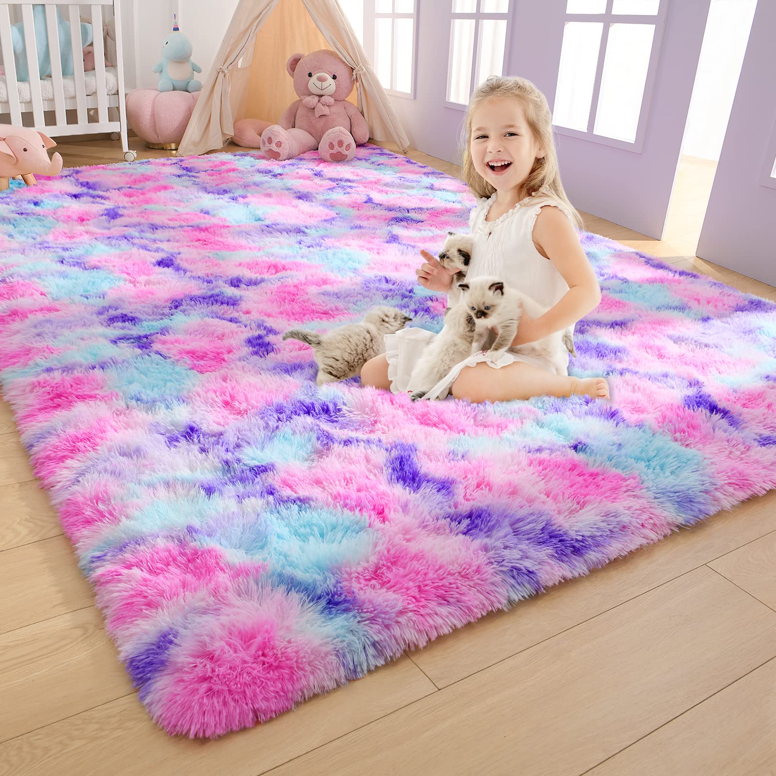 AROGAN Soft Rainbow Area Rug 5x8 Feet - Fluffy Kids Bedroom Carpet for Girls, Teens & Toddlers - Non-Slip Nursery Rug with Cute Colorful Design - Perfect for Playroom, Dorm Decor or Princess Themed Room