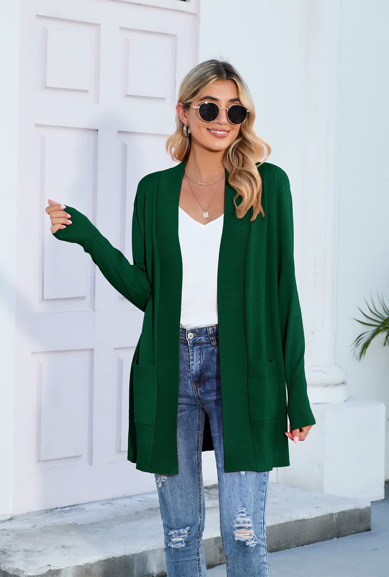 SUEANI Women's Open Front Long Sleeve Knit Cardigan with Pockets - Soft Casual Sweater for Fall & Winter, Perfect for Office, Lounge & Coffee Dates