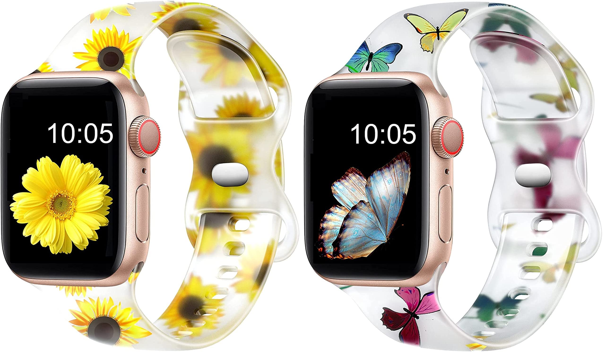 Witzon Cute Transparent Apple Watch Bands 42mm 44mm 45mm - Soft Silicone Sport Strap Replacement for iWatch Series 7/6/5/4/3/2/1/SE - Butterfly & Sunflower Design - Perfect for Workouts, Swimming & Everyday Wear
