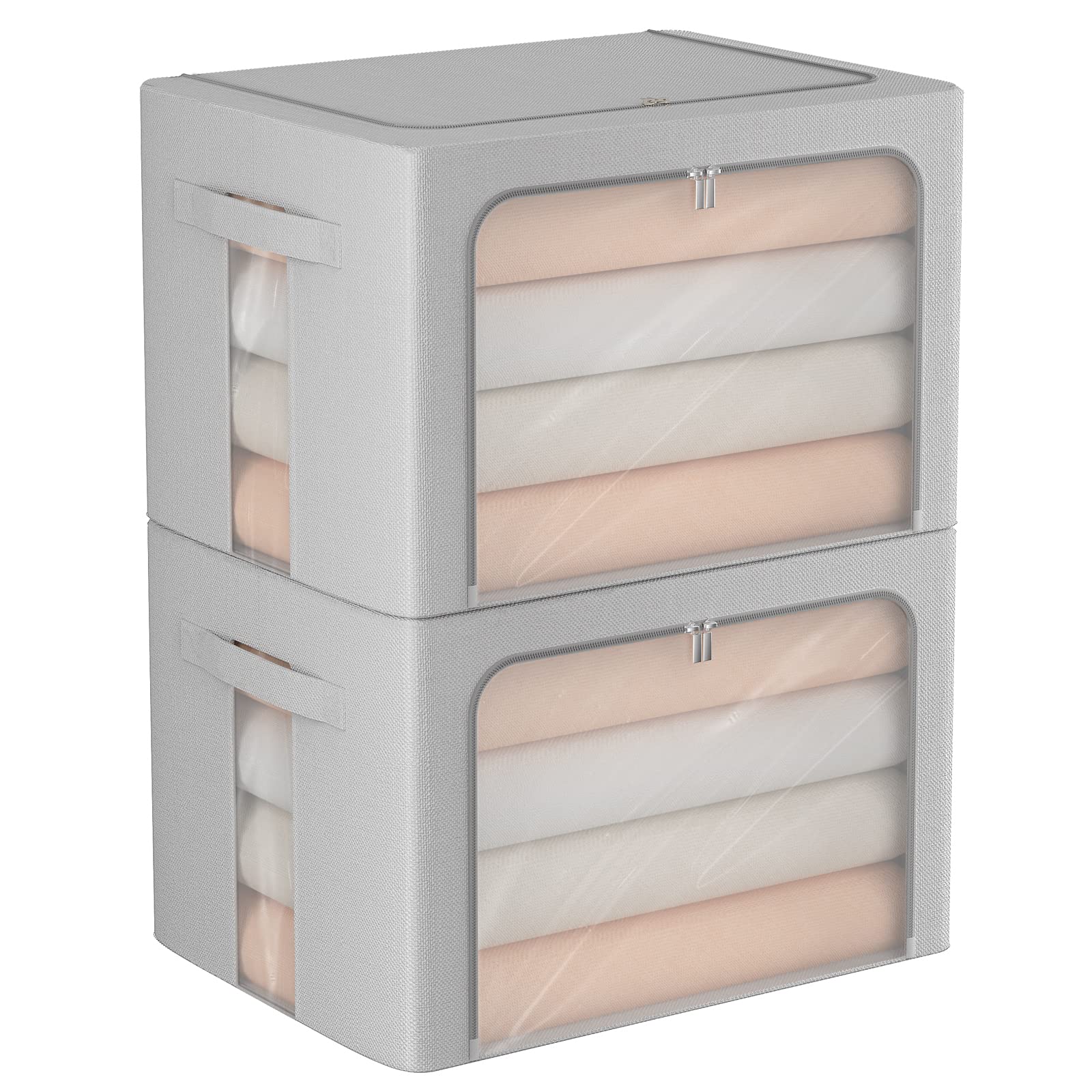 2 Pack Clear Foldable Clothes Storage Bins with Metal Frame - Large Capacity 66L Stackable Organizer Box, Thick Linen Fabric Container with Carry Handles (Light Grey) - Perfect for Closet, Bedroom, and Seasonal Clothing Storage