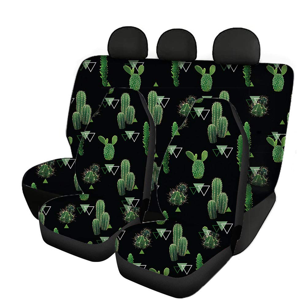 COEQINE 3-Piece Car Seat Protector Set - Cactus Pattern Non-Slip Bucket Seat Covers for Sedan & SUV - Front & Rear Cushion & Saddle Blanket (Black) | Perfect for Road Trips, Commuting & Protecting Leather Seats
