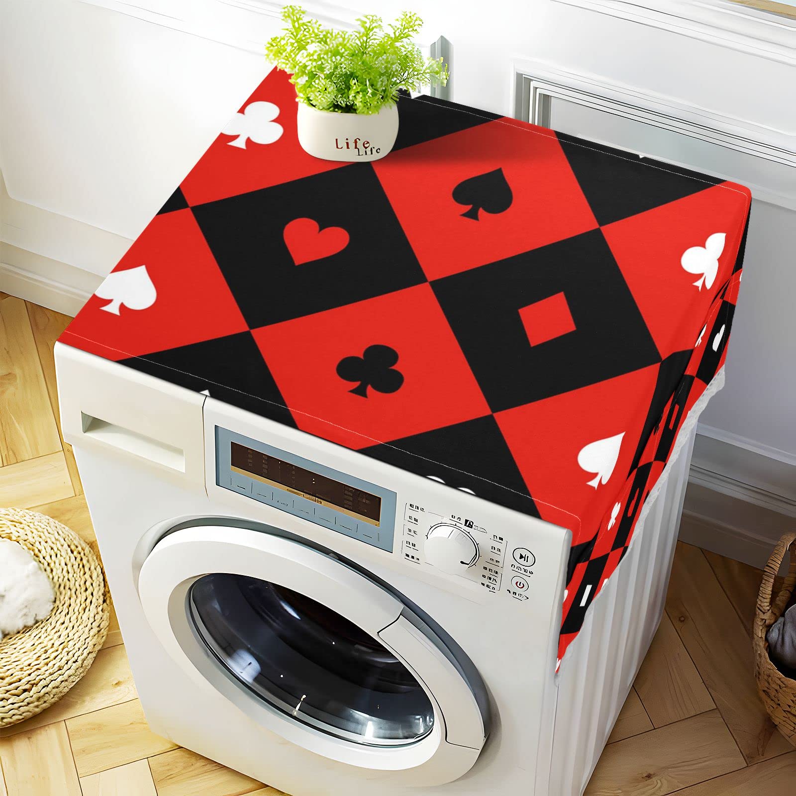 Red Black White Anti-Slip Washing Machine Cover - Dustproof Dryer Top Cover with 4 Storage Bags, Chess Pattern Cardboard Laundry Protector | Perfect for Home Appliances, Fridge & Roller Washer Protection