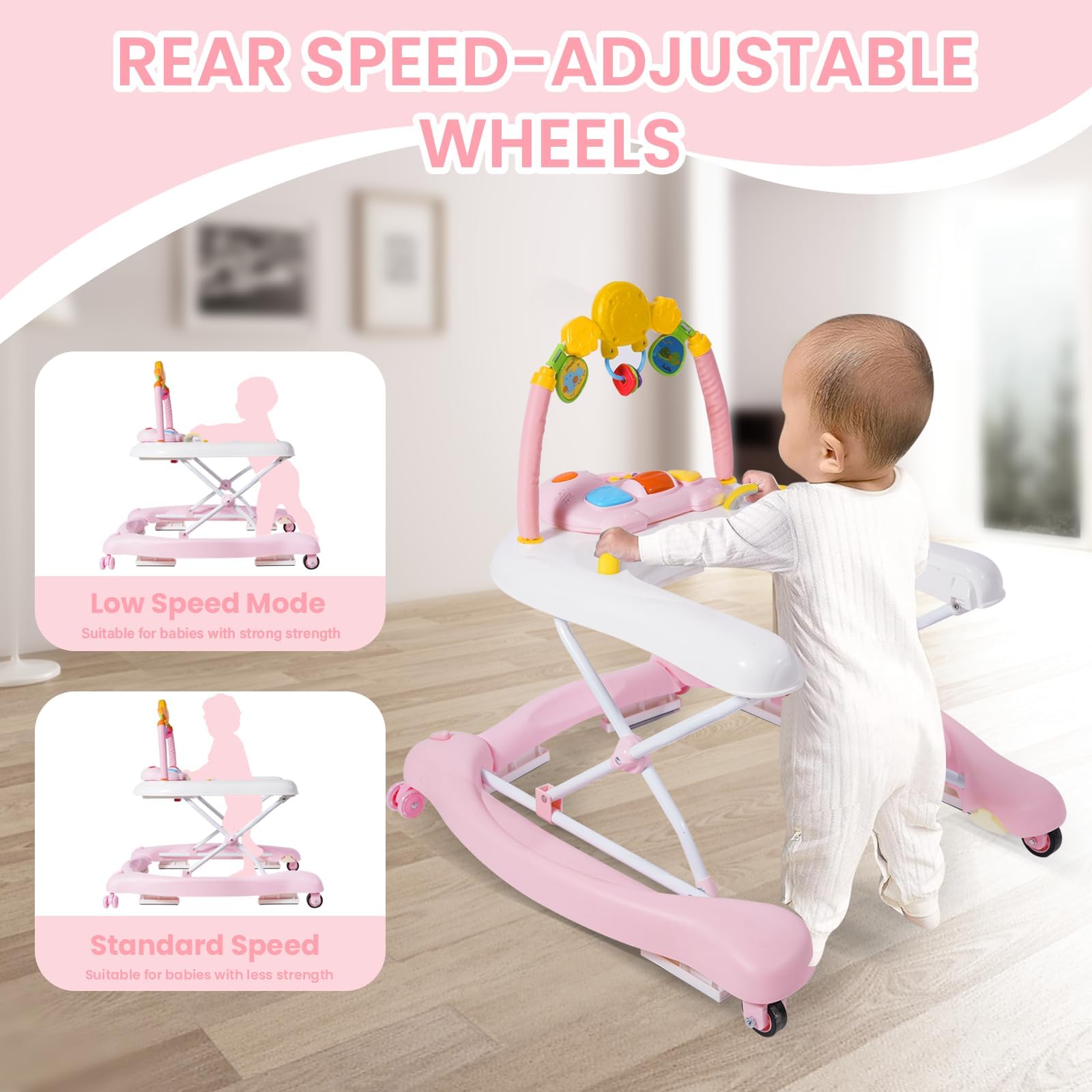 5-in-1 Baby Walker for Boys & Girls 6-12 Months | Foldable Activity Walker with Adjustable Height, Removable Footrest & Feeding Tray | Infant Walker with Bouncer & Music | Perfect for Learning to Walk & Playtime at Home
