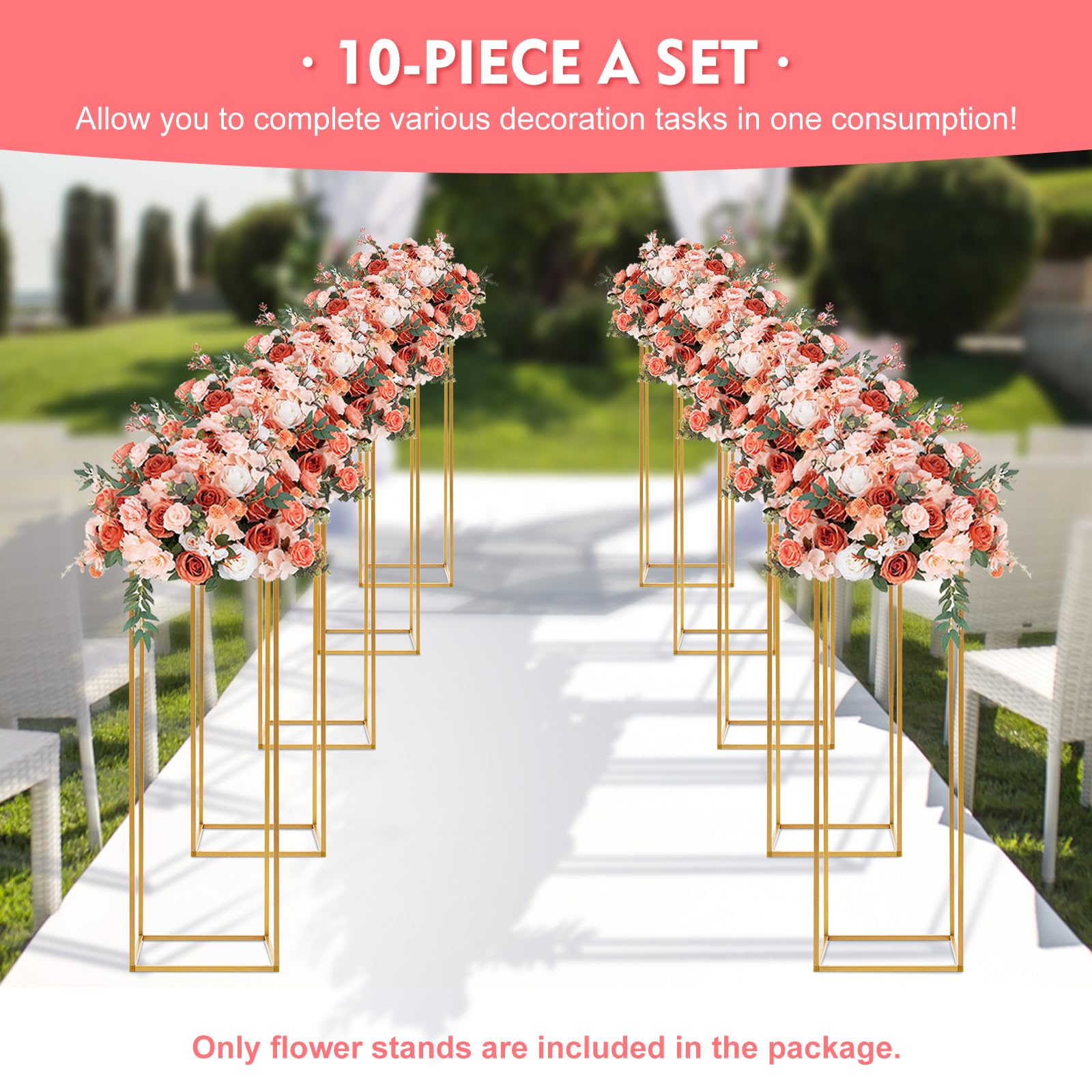 10Pcs Gold Metal Geometric Floor Vase Set - 31.5 Inch Tall Flower Stand Columns for Wedding Centerpieces, Valentine's Day Party Table Decor - Elegant Home & Event Decoration for Living Room, Banquet Hall, Garden