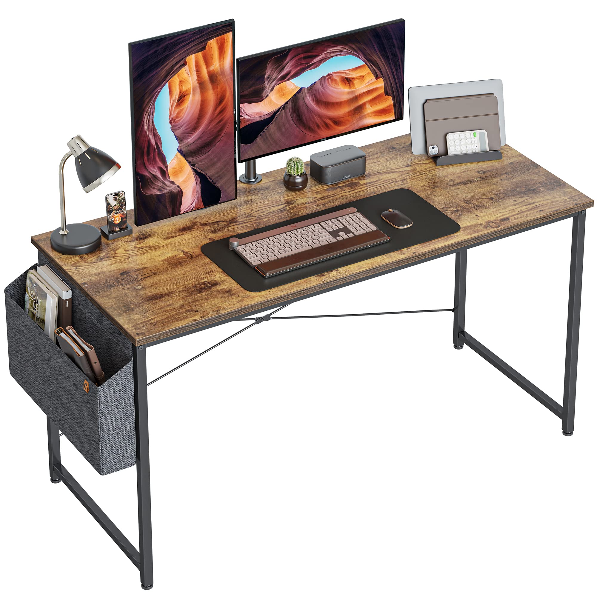 Cubiker 55 Inch Modern Computer Desk for Home Office, Writing & Study - Simple Style Laptop Table with Storage Bag, Brown - Perfect for Small Spaces, Gaming & Remote Work