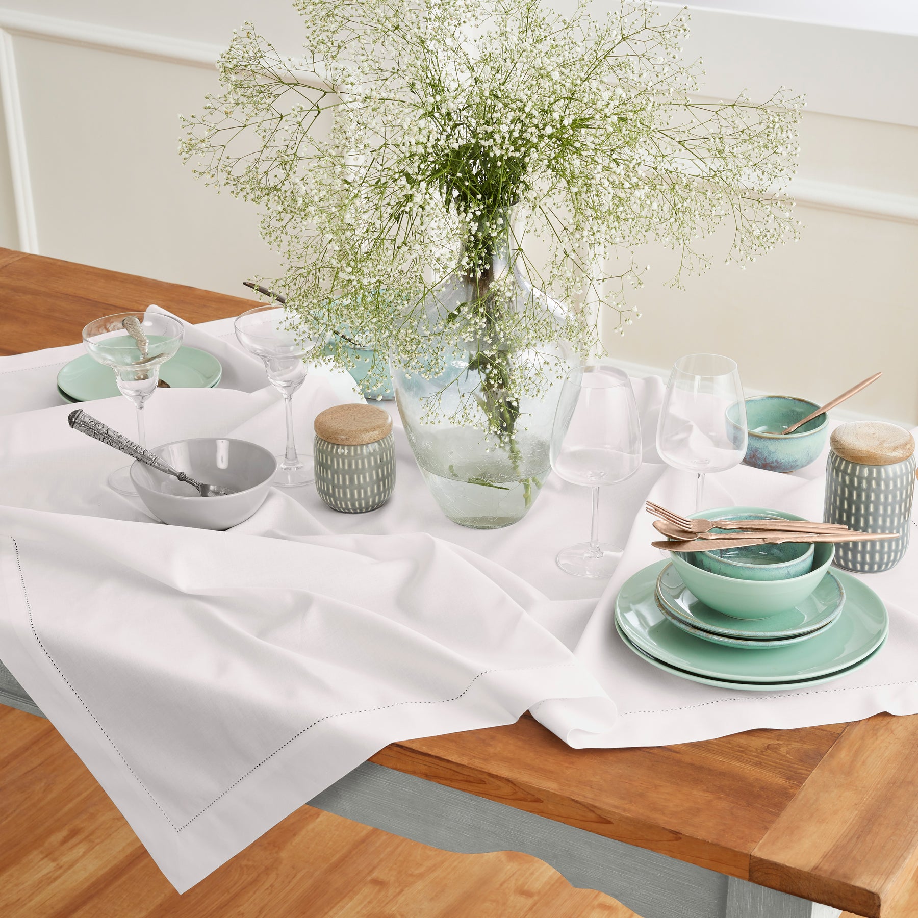 Premium Cotton Linen Hemstitch Table Throw - Elegant Decorative Table Runner for Dining Room, Wedding, Party & Home Decor