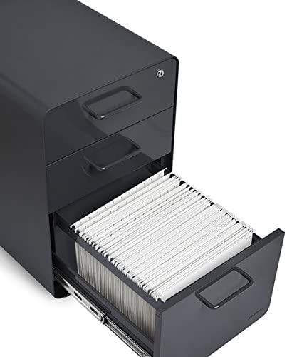 Poppin Stow 3-Drawer Rolling File Cabinet - Charcoal Gray, 2 Utility & 1 Hanging File Drawer, Locking Wheels, Powder-Coated Steel Office Storage Cabinet - Perfect for Home Office, Classroom, and Small Business Organization