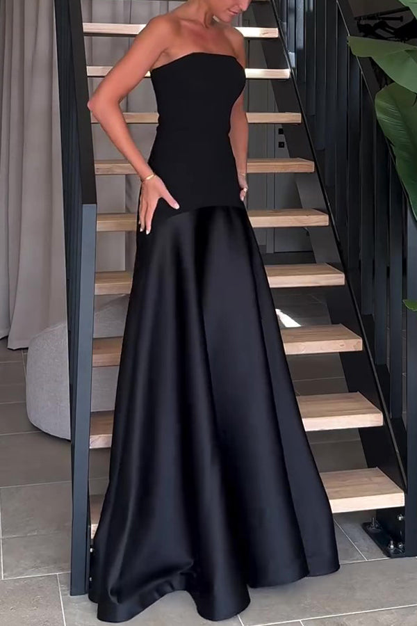 Timeless Elegance Satin Patchwork Strapless Flare Gown Maxi Dress for Women | Formal Evening Gown for Prom, Wedding, Red Carpet Events