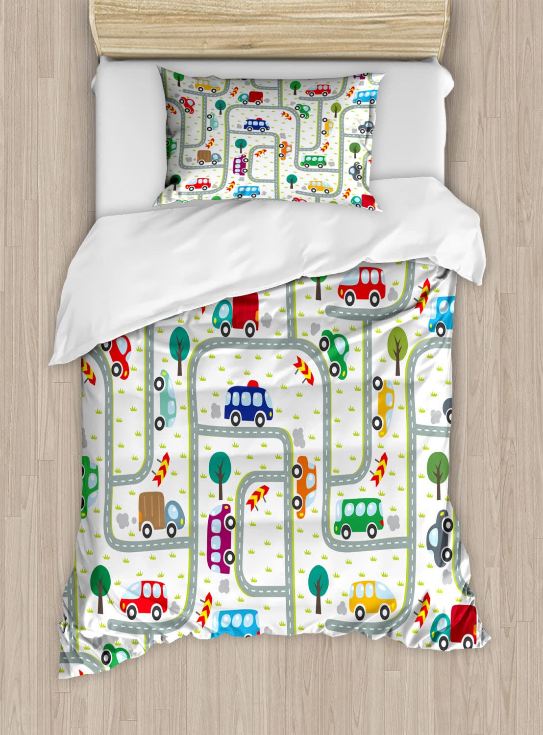 Ambesonne Cars Duvet Cover Set - Vibrant Urban Traffic Design with 2 Duvet Covers & 2 Pillowcases, Twin Size 2-Pack, Multicolor - Perfect for Kids' Bedrooms, Teen Rooms & Car-Themed Decor
