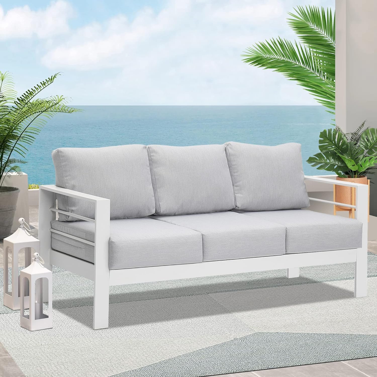 Wisteria Lane Patio Furniture Set - 3-Piece Aluminum Outdoor Sofa with Light Grey Cushions, All-Weather White Metal Garden Couch for Backyard, Poolside & Terrace Relaxation