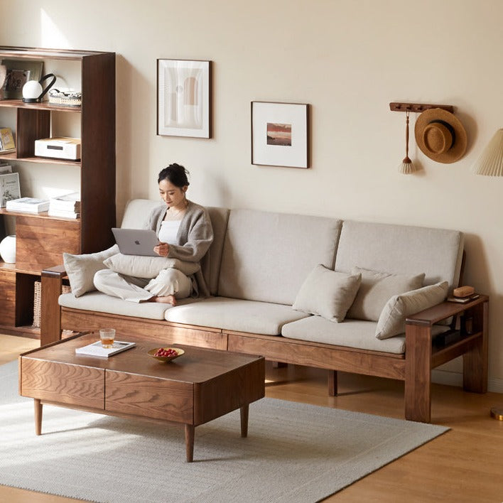 Premium Black Walnut Solid Wood Fabric Sofa - Modern Nordic Style 2-in-1 Convertible Sofa Bed for Living Room & Guest Room | Durable & Stylish Home Furniture