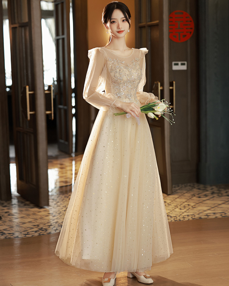 Elegant Champagne A-Line Long Prom Dress - Shiny Formal Party Gown & Bridesmaid Dress for Weddings, Homecoming, Quinceañera & Special Occasions