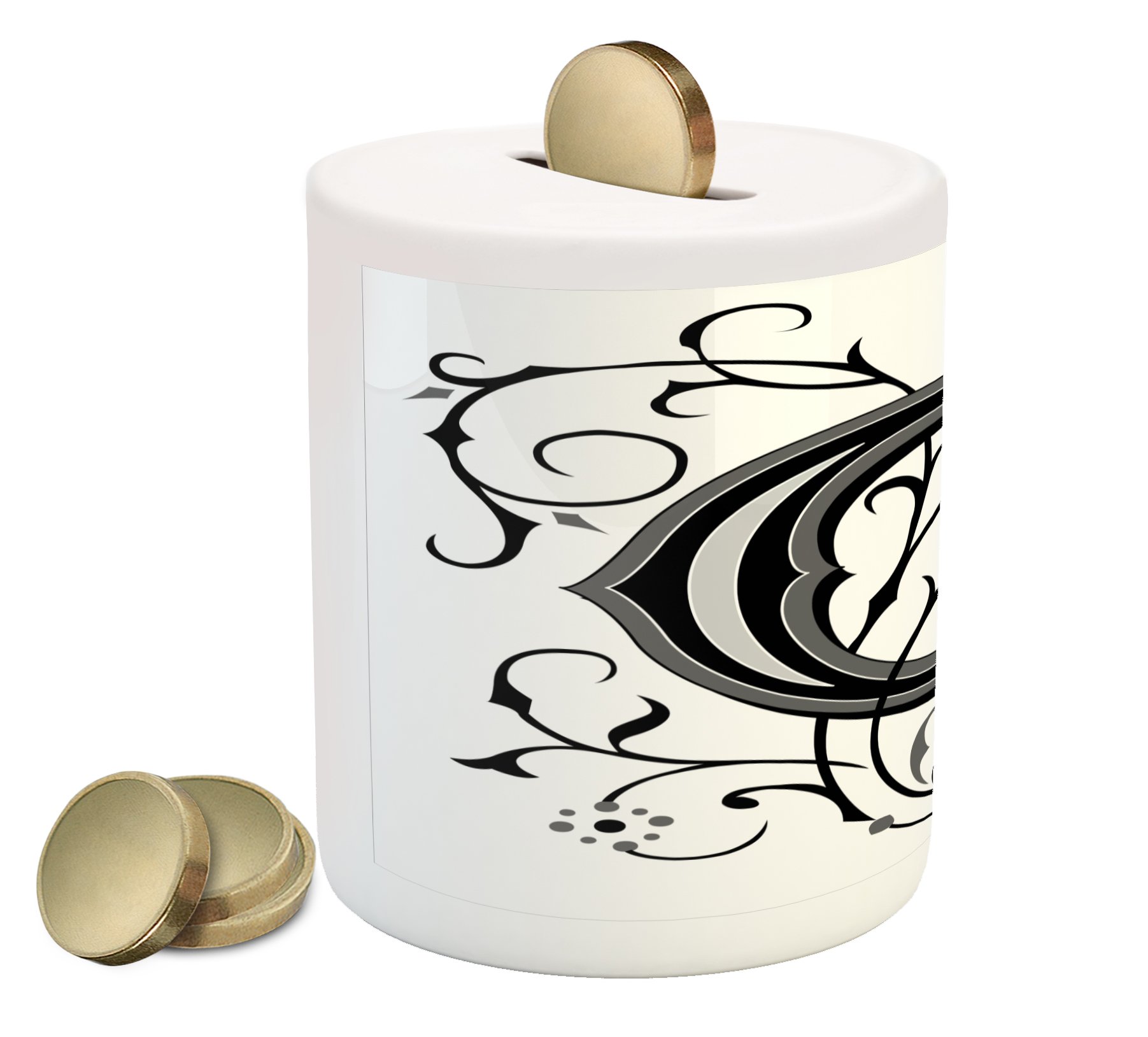 Ambesonne Ceramic Piggy Bank with Letter G Design - Classic Black Grey White Coin Bank for Cash Saving, Royal Title Inspired Money Box | Perfect for Kids' Savings, Birthday Gifts, and Home Decor