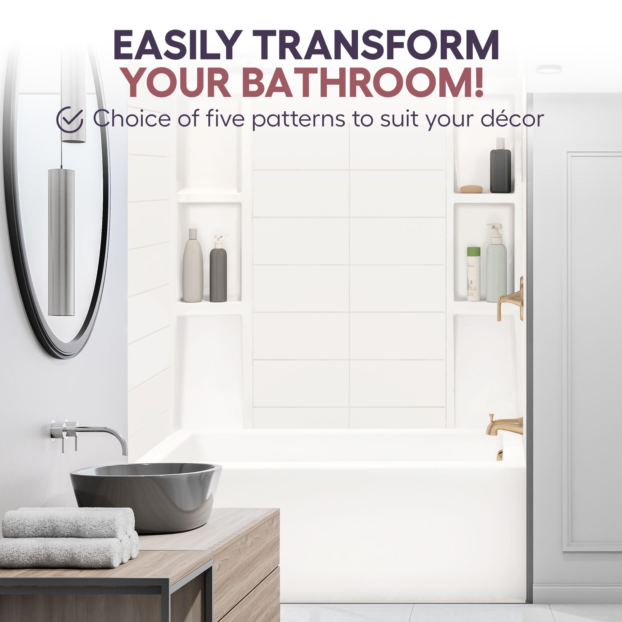 White Acrylic Bathtub Wall Surround Panels - Waterproof, Easy-to-Install Kit with 2 Shelf Units (Stacked Tiles Pattern, Classic Shelves) 58