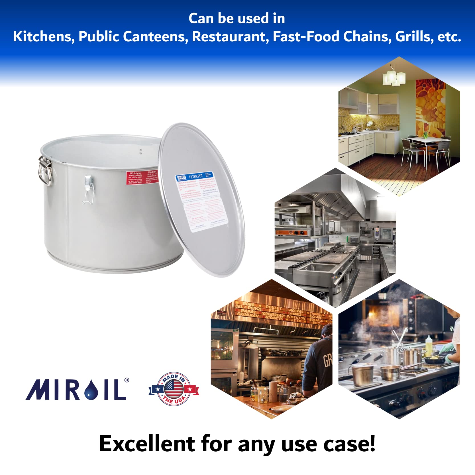 MirOil 7 Gallon Grease Bucket & Oil Filter Pot - Made in USA - Heavy Duty Commercial Deep Fryer Oil Filter System with Safety Lock Lid, 55 lbs Capacity - Low Profile Design Fits Under Drain Valves - Perfect for Restaurants, Food Trucks & Commercial Kitchens